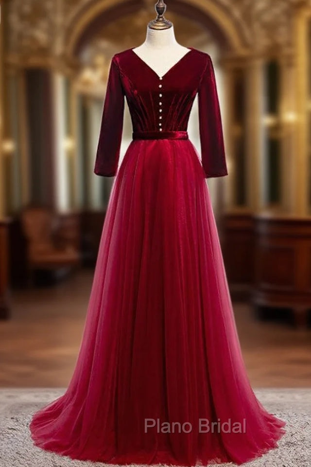 Burgundy Tulle Velvet V-neck 3/4 Sleeve Formal Prom Dresses Main image