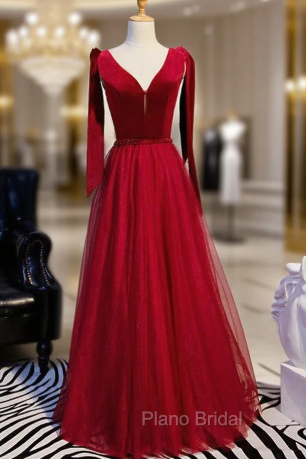 Burgundy Tulle Velvet V-neck Beading Formal Prom Dresses With Bow