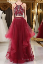 Burgundy two pieces beads long Formal Prom dress, burgundy evening dress