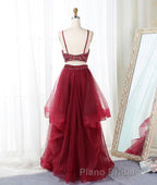 Burgundy two pieces beads long Formal Prom dress, burgundy evening dress