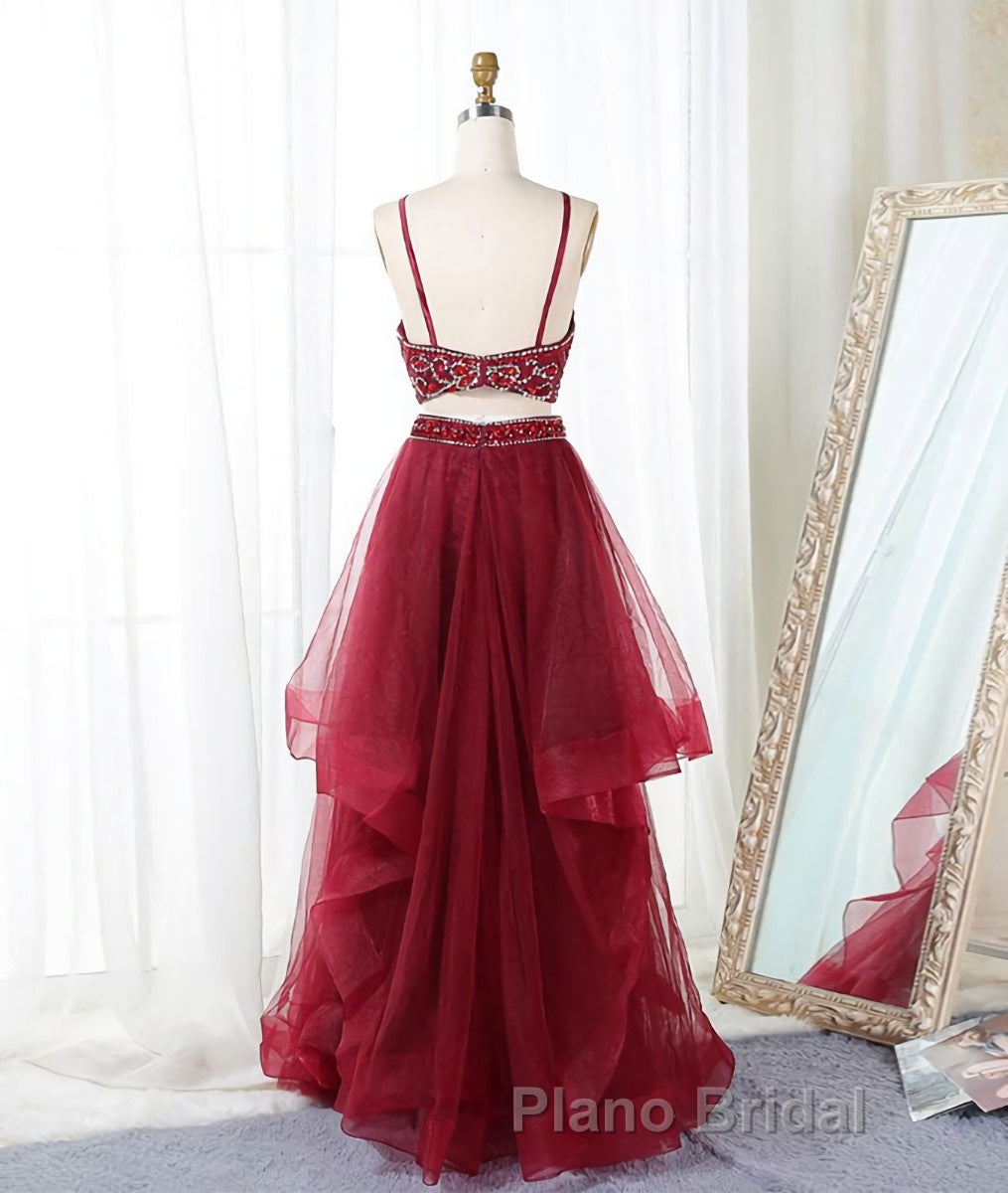 Burgundy two pieces beads long Formal Prom dress, burgundy evening dress