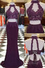 Burgundy Two Pieces Lace Long Formal Prom Dresses, Formal Dresses