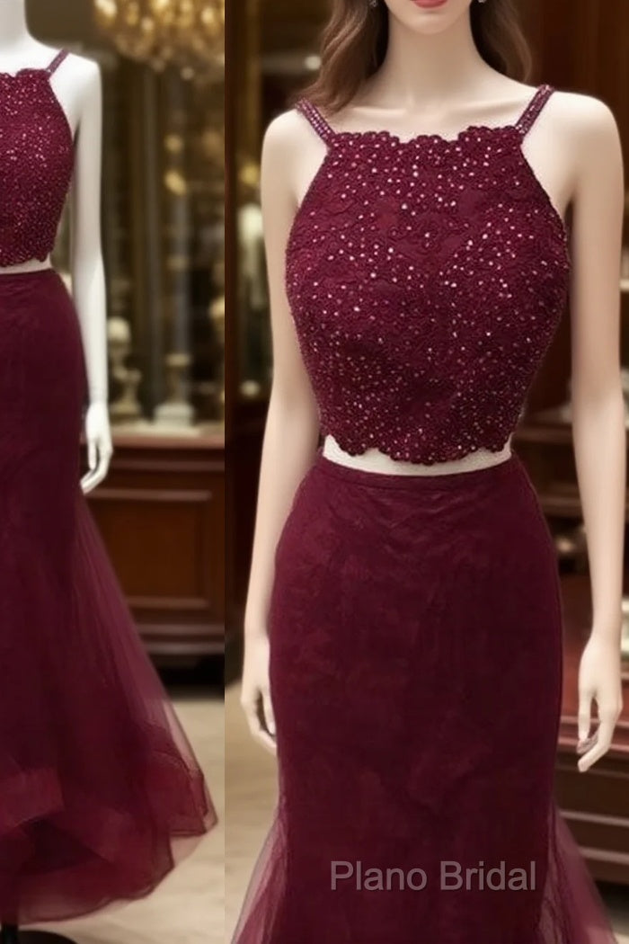 Burgundy Two Pieces Lace Tulle Long Formal Prom Dresses