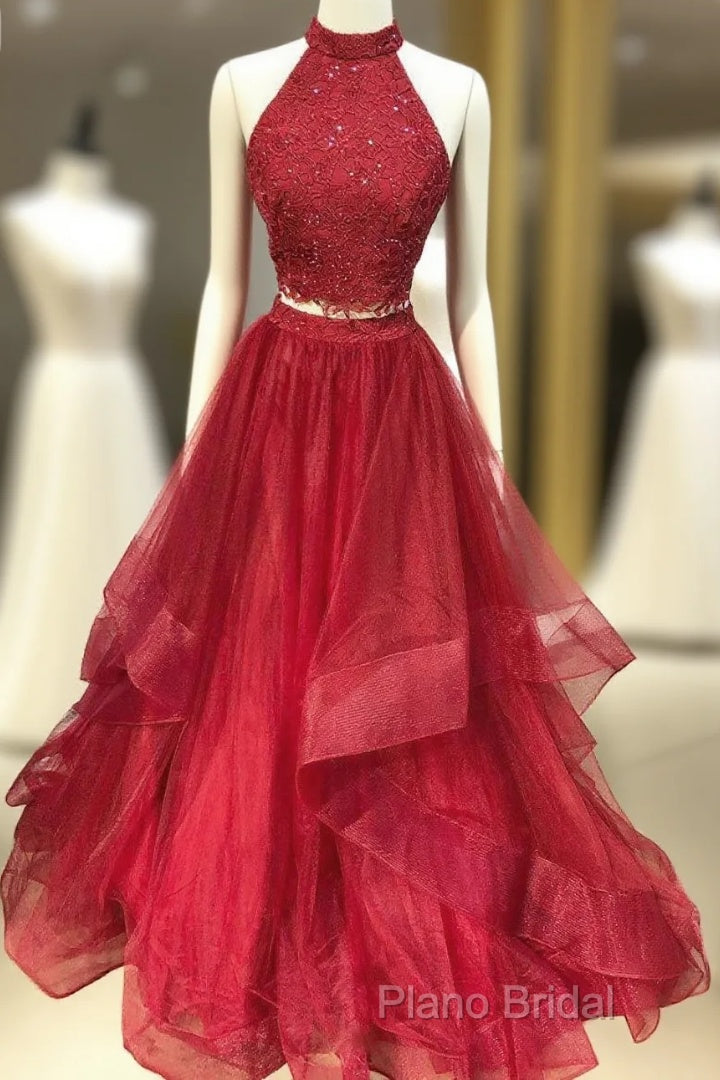 Burgundy Two Pieces Tulle Lace Long Formal Prom Dresses, Lace Formal Dresses