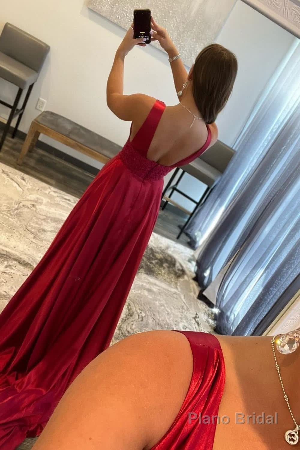 Burgundy V Neck Backless Long Prom Dress with Lace Secondary image