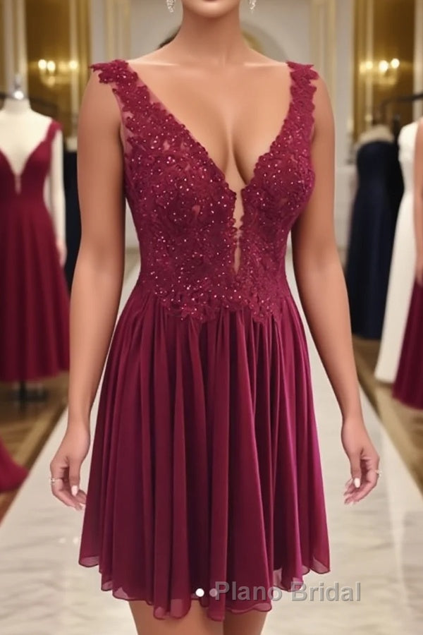 Burgundy v neck chiffon lace short Formal Prom dress, homecoming dress
