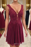 Burgundy v neck chiffon lace short Formal Prom dress, homecoming dress