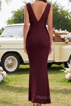 Burgundy V Neck Chiffon Prom Dress Long Bridesmaid Dress With Pleated Split