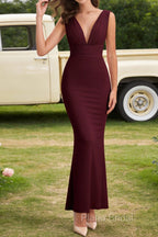 Burgundy V Neck Chiffon Prom Dresses Long Bridesmaid Dress With Pleated Split