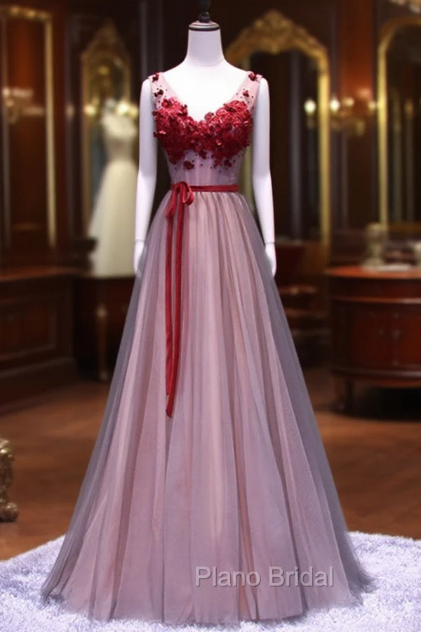Burgundy V Neck Lace Floral Long Formal Prom Dresses, Burgundy V Neck Long Formal Evening Dresses Main image