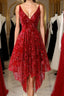 Burgundy v neck lace high low Formal Prom dress lace formal dress