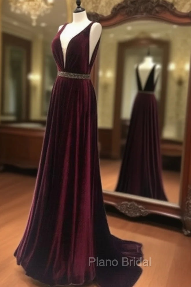 Burgundy V Neck Long Formal Prom Dresses, Burgundy Evening Dresses Main image