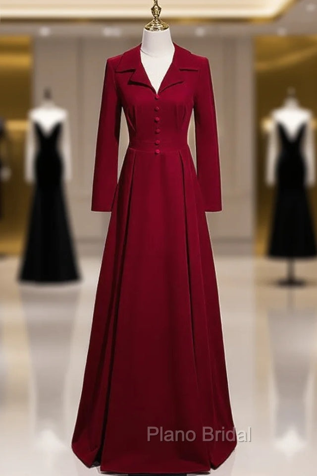 Burgundy V-neck Long Sleeve Formal Prom Dresses Main image