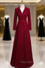 Burgundy V-neck Long Sleeve Formal Prom Dresses
