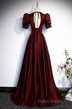 Burgundy V-Neck Satin Long Formal Prom Dresses, Simple Short Sleeve Formal Party Dresses
