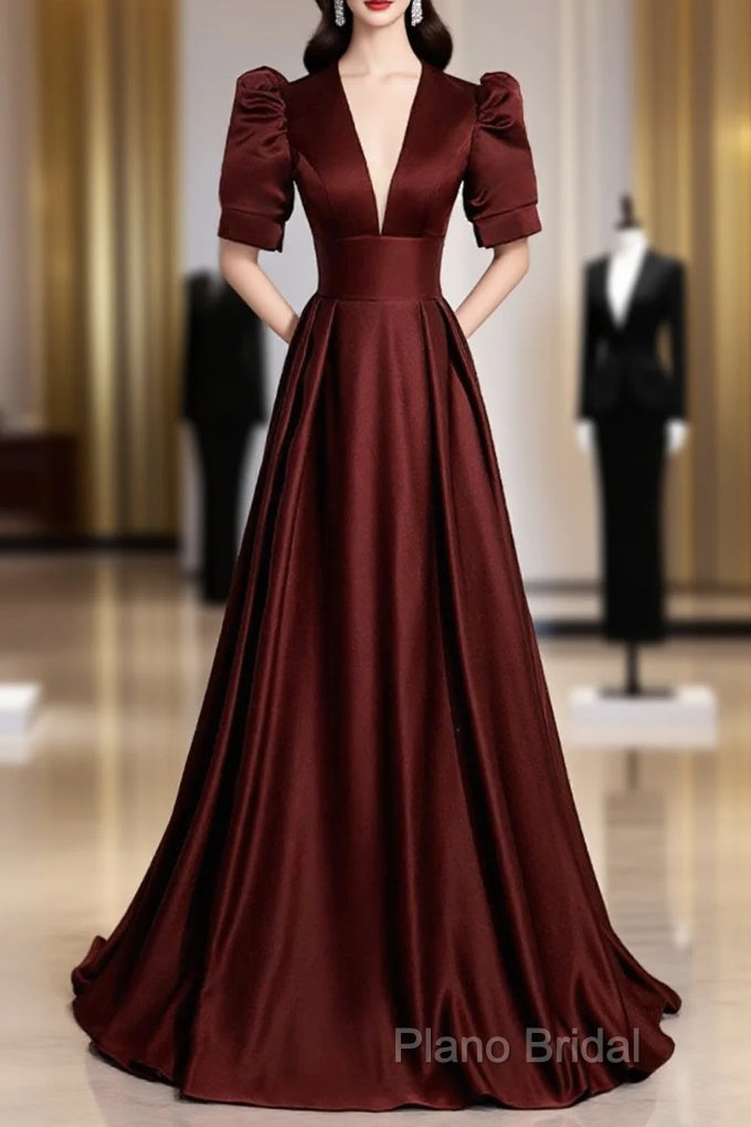 Burgundy V-Neck Satin Long Formal Prom Dresses, Simple Short Sleeve Formal Party Dresses