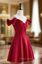 Burgundy  V Neck Satin Short Formal Prom Dresses, Burgundy Homecoming Dresses