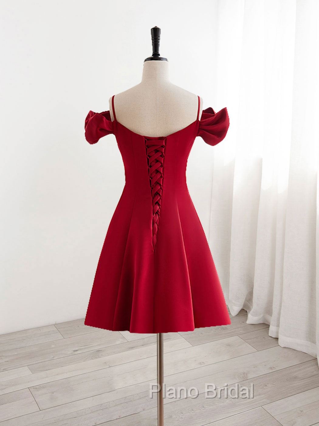 Burgundy  V Neck Satin Short Formal Prom Dresses, Burgundy Homecoming Dresses
