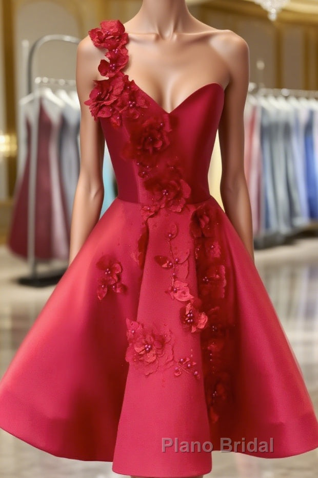 Burgundy v neck satin short Formal Prom dress one shoulder cocktail dress Main image