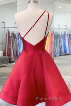 Burgundy v neck satin short Formal Prom dress one shoulder cocktail dress