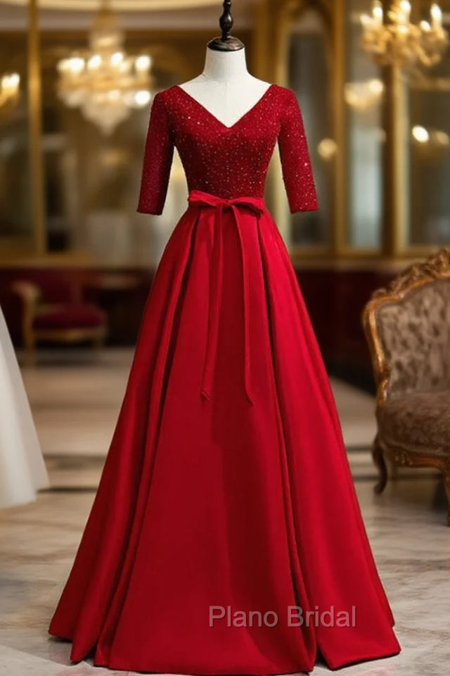 Burgundy V-neck Satin Short Sleeve Sequins Formal Prom Dresses Main image
