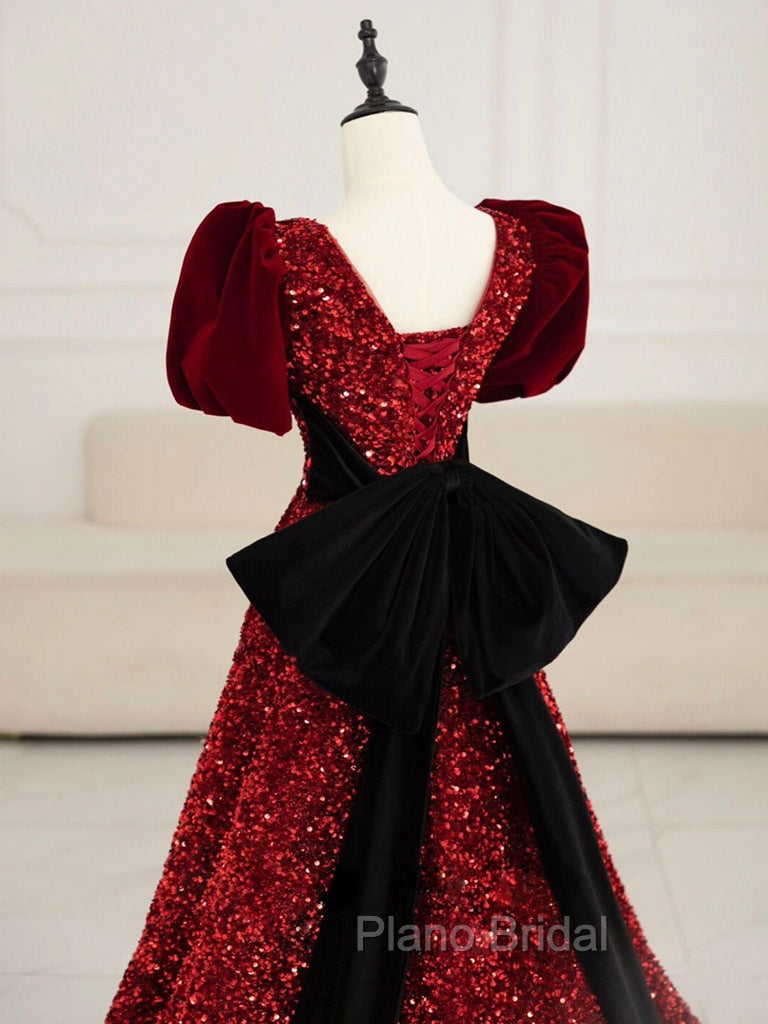 Burgundy V Neck Sequin Long Formal Prom Dresses, Burgundy Evening Dresses