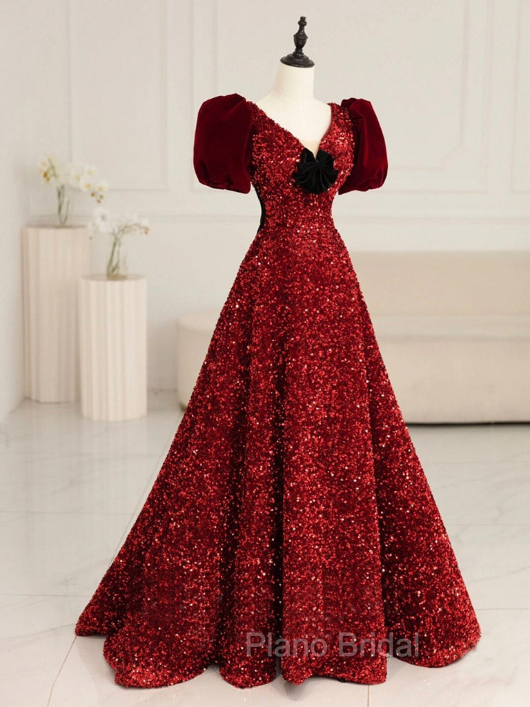 Burgundy V Neck Sequin Long Formal Prom Dresses, Burgundy Evening Dresses Main image