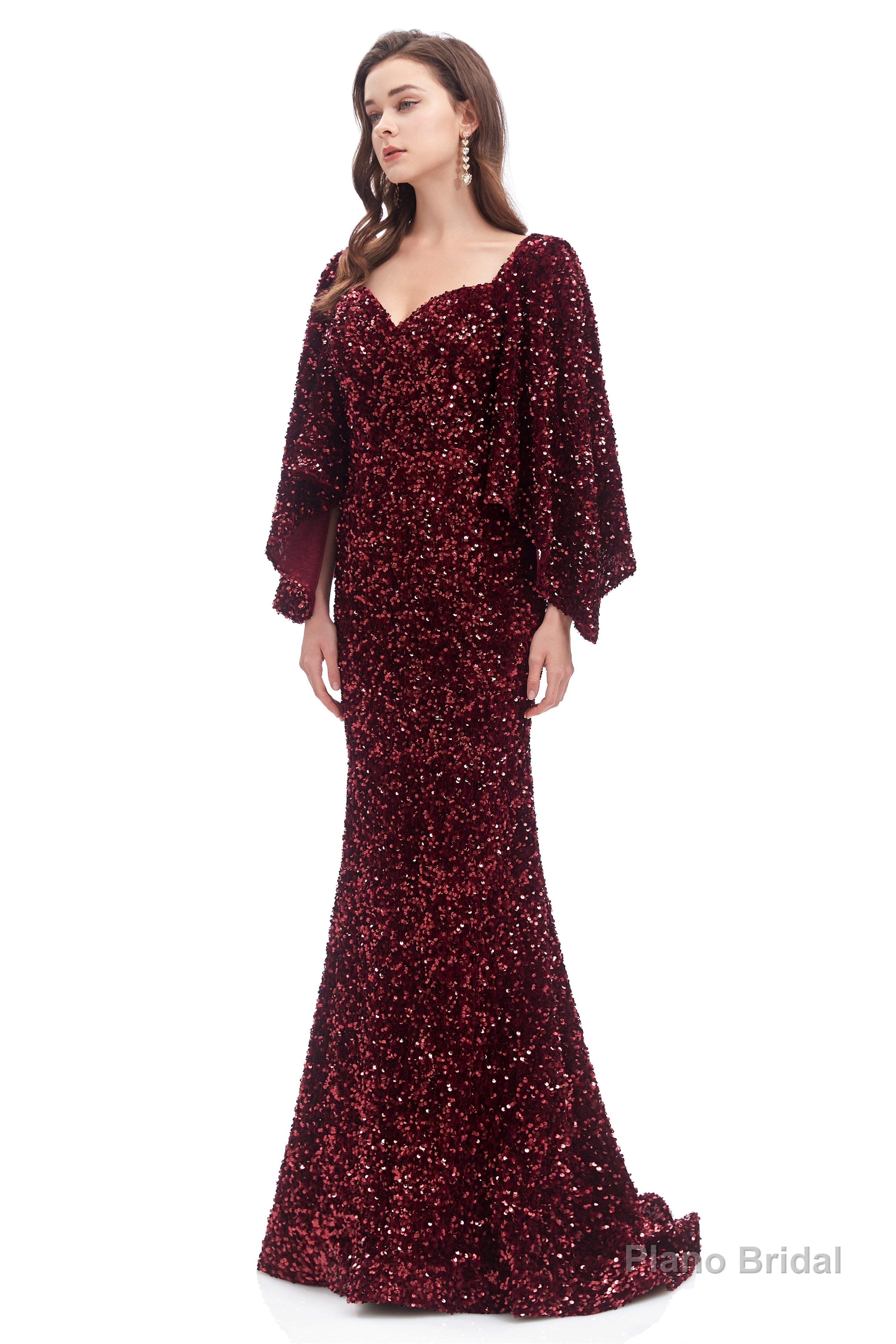 V-Neck Sequins Mermaid Prom Dresses with Sleeves