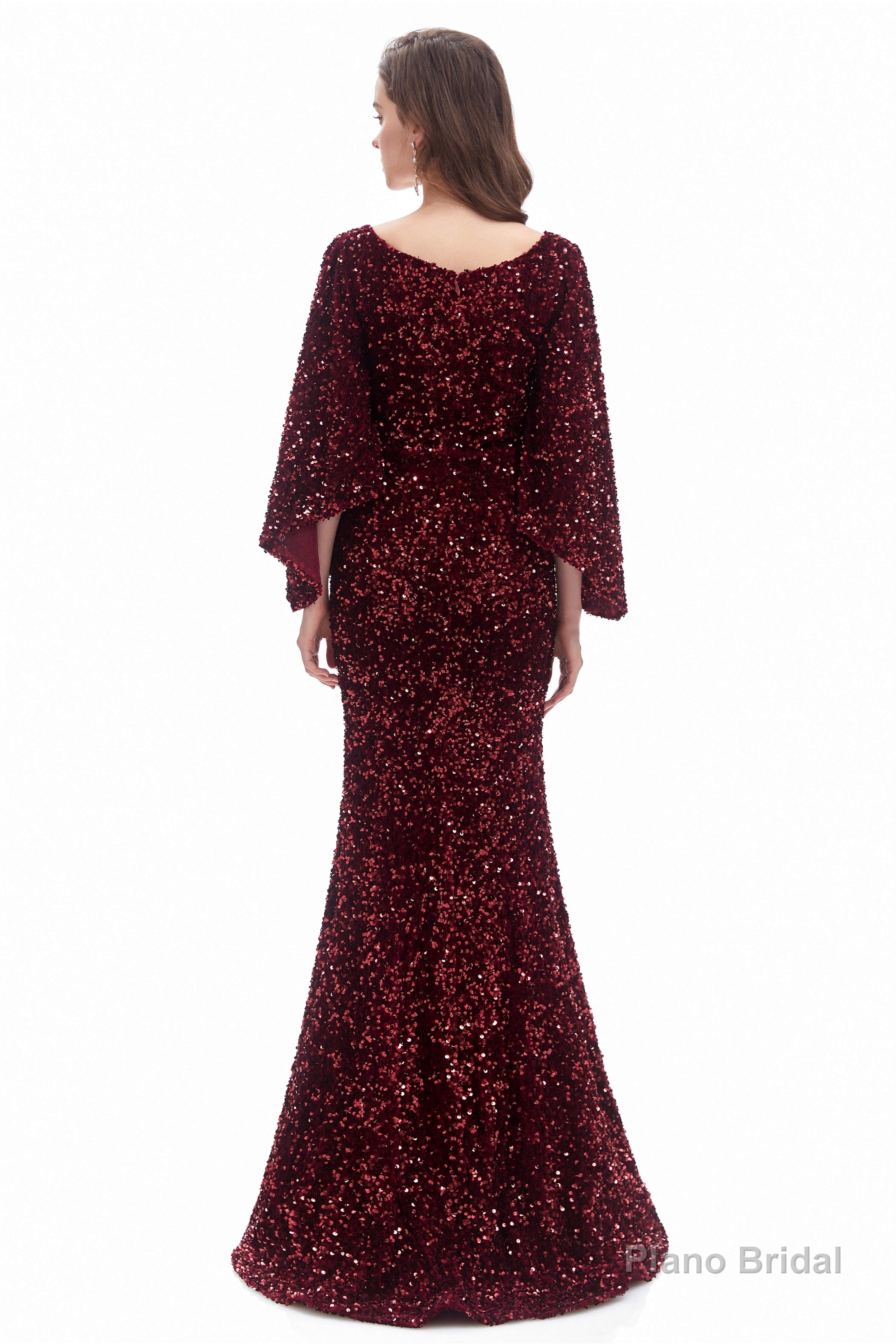 V-Neck Sequins Mermaid Prom Dresses with Sleeves