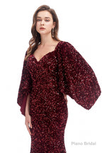 V-Neck Sequins Mermaid Prom Dresses with Sleeves