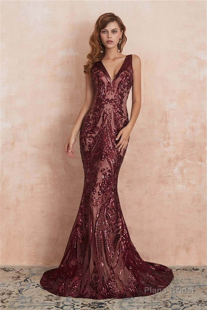 V-Neck Sequins Mermaid Sleeveless Lace-up Prom Dresses