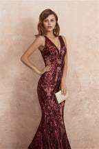 V-Neck Sequins Mermaid Sleeveless Lace-up Prom Dresses