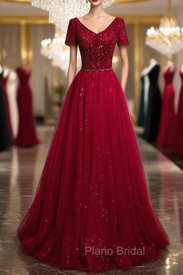 Burgundy V-neck Short Sleeve Beading Formal Prom Dresses Main image