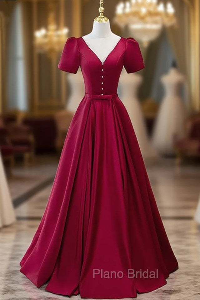 Burgundy V-neck Short Sleeve Pearls Formal Prom Dresses