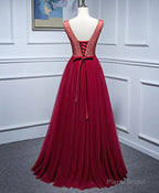 Burgundy V Neck Tulle Lace Long Prom Dress, Burgundy Evening Dress