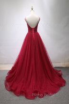 Burgundy V-Neck Tulle Long Formal Prom Dresses, A-Line Backless Evening Party Dresses