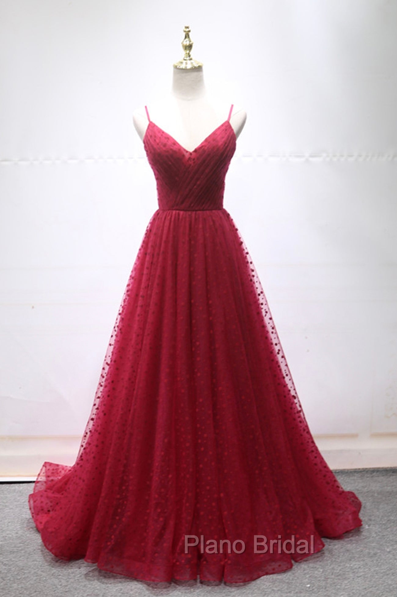 Burgundy V-Neck Tulle Long Formal Prom Dresses, A-Line Backless Evening Party Dresses Main image