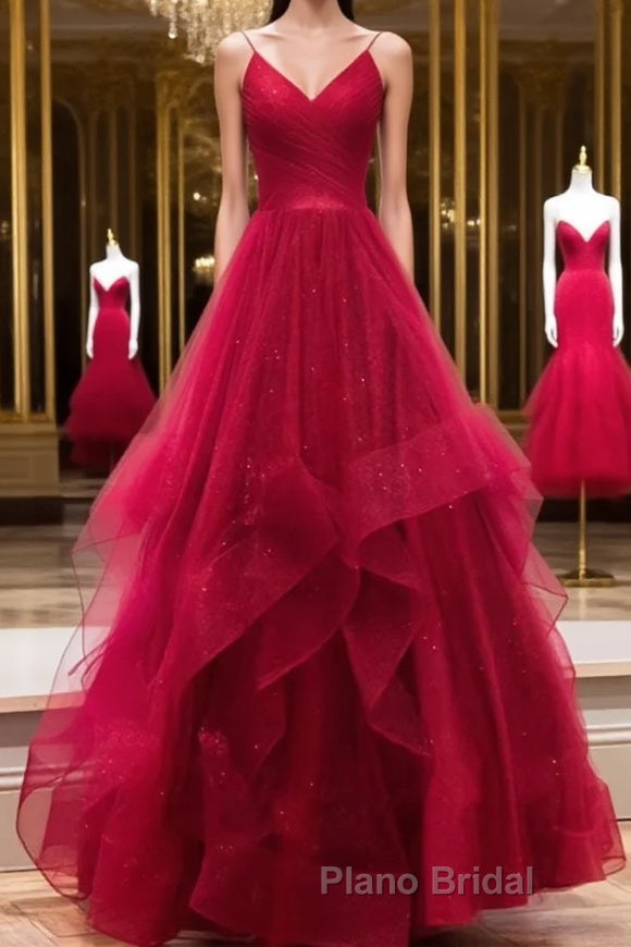 Burgundy v neck tulle long Formal Prom dress, burgundy evening dress Main image