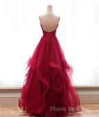 Burgundy v neck tulle long Formal Prom dress, burgundy evening dress