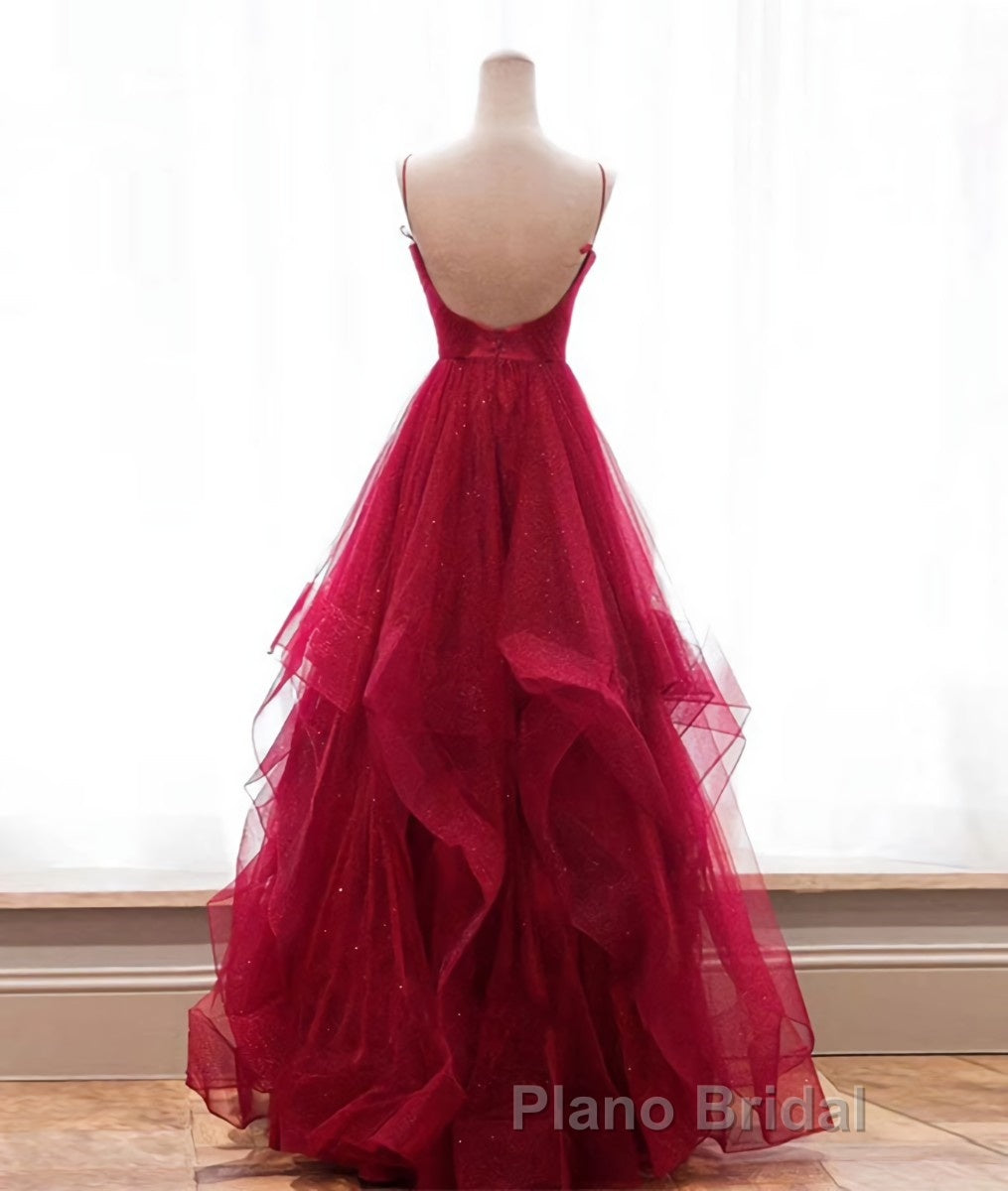 Burgundy v neck tulle long Formal Prom dress, burgundy evening dress
