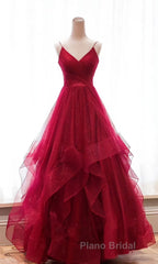 Burgundy v neck tulle long Formal Prom dress, burgundy evening dress