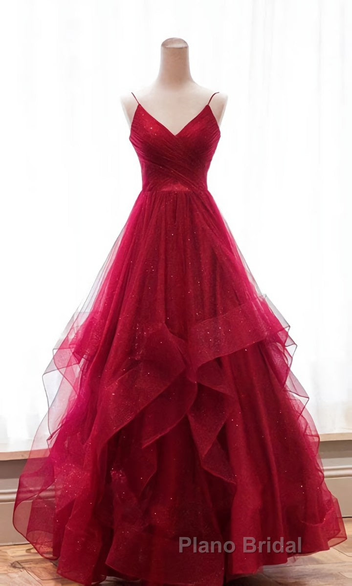 Burgundy v neck tulle long Formal Prom dress, burgundy evening dress