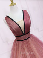 Burgundy V Neck Tulle Long Formal Prom Dresses Burgundy Long Evening Dresses