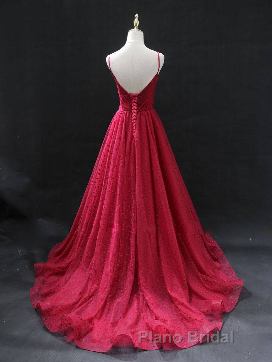 Burgundy v  neck tulle long Formal Prom dress, burgundy tulle formal dress Secondary image