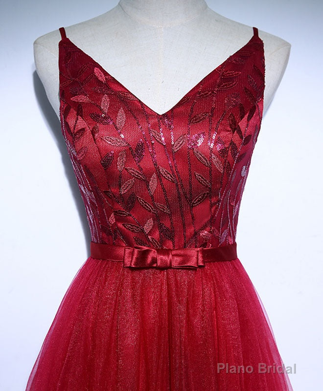 Burgundy V Neck Tulle Long Prom Dress, Evening Dress Secondary image