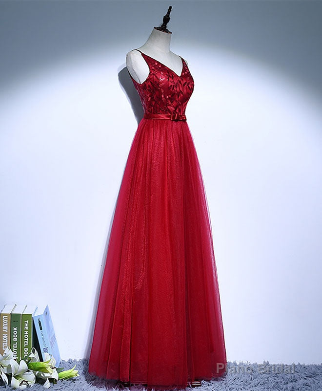 Burgundy V Neck Tulle Long Prom Dress, Evening Dress Main image
