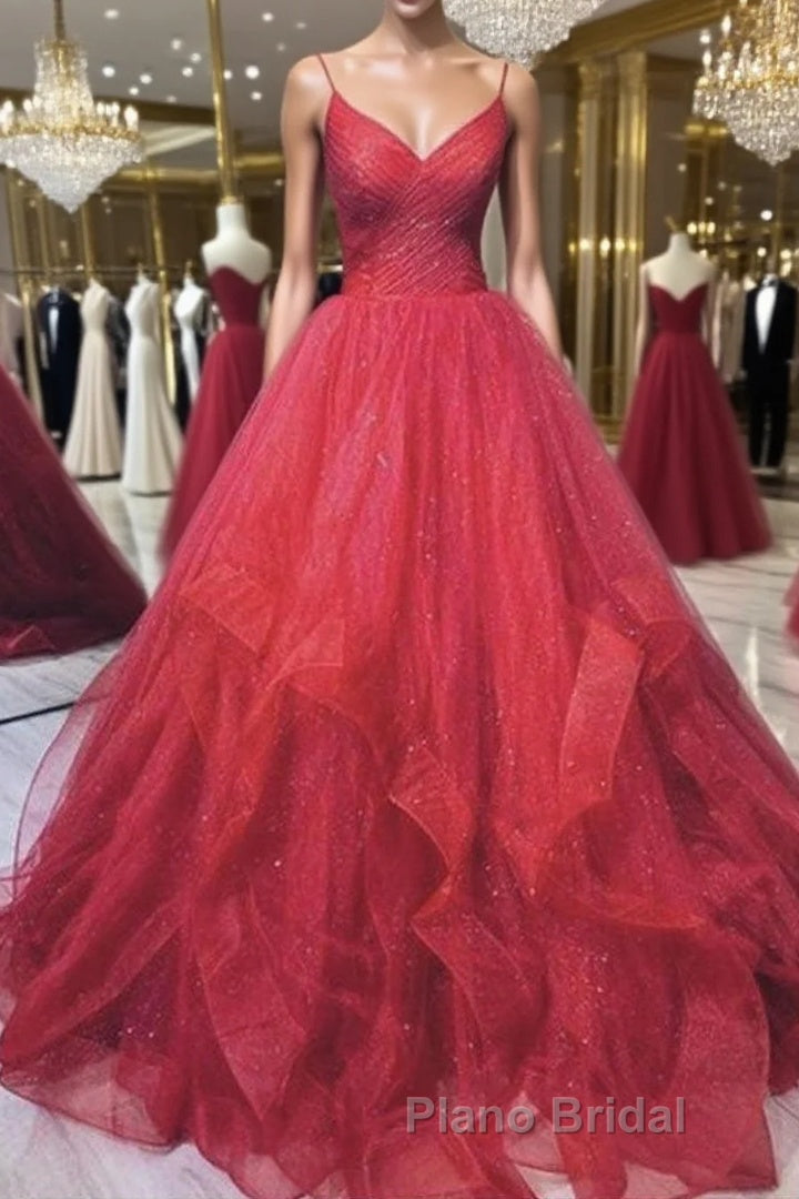Burgundy v neck tulle long Formal Prom dress tulle formal dress