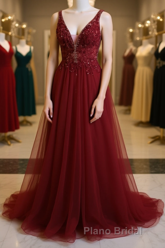 Burgundy v neck tulle sequin lace long Formal Prom dress
