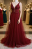 Burgundy v neck tulle sequin lace long Formal Prom dress
