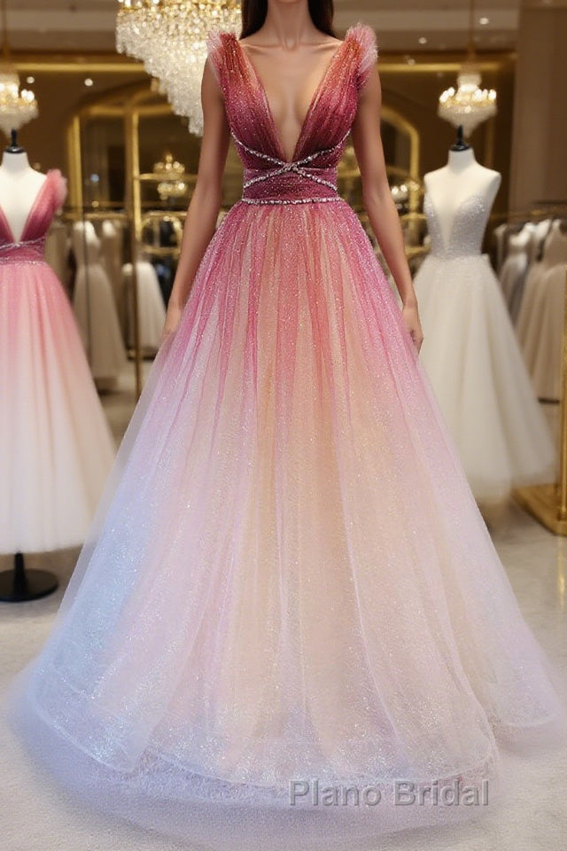 Burgundy v neck tulle sequin long Formal Prom dress burgundy evening dress Main image